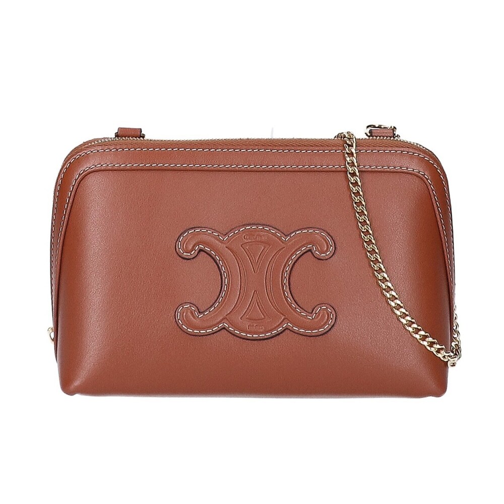 CELINE 10E383DR8.04LU Smooth Calfskin Chain Clutch Shoulder Bag Tan Gold Hard...